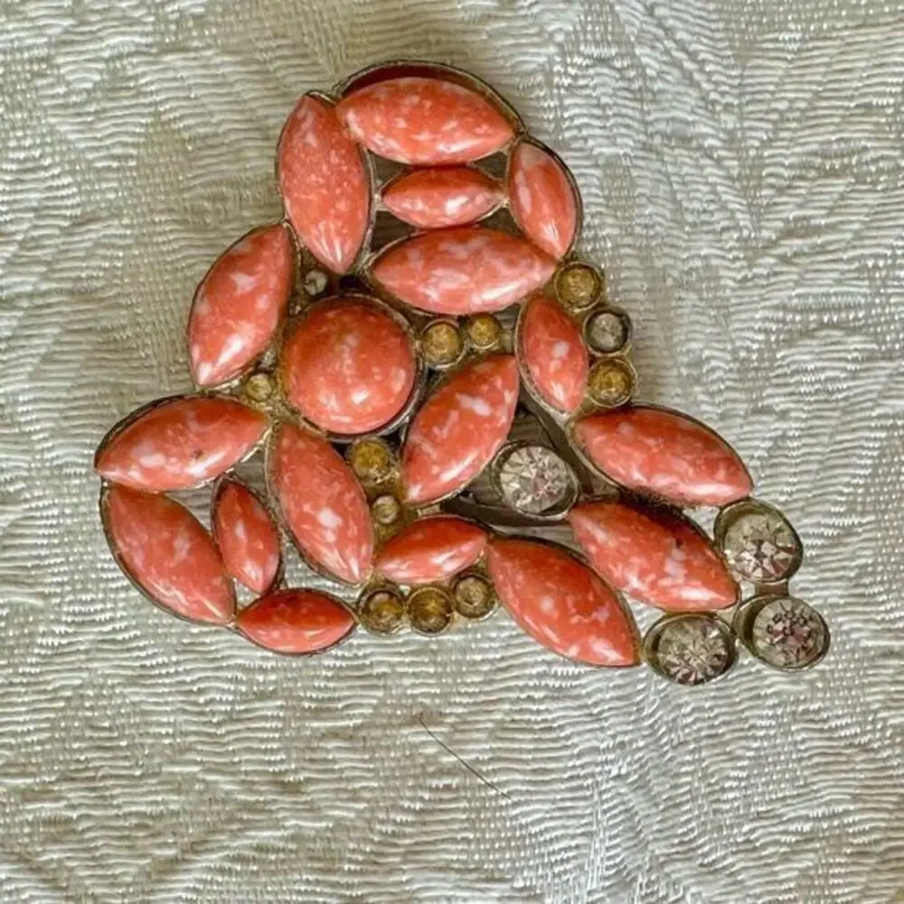Vintage AJ Signed Rhinestone Coral Glass Dress Clip Brooch Marbled Stones